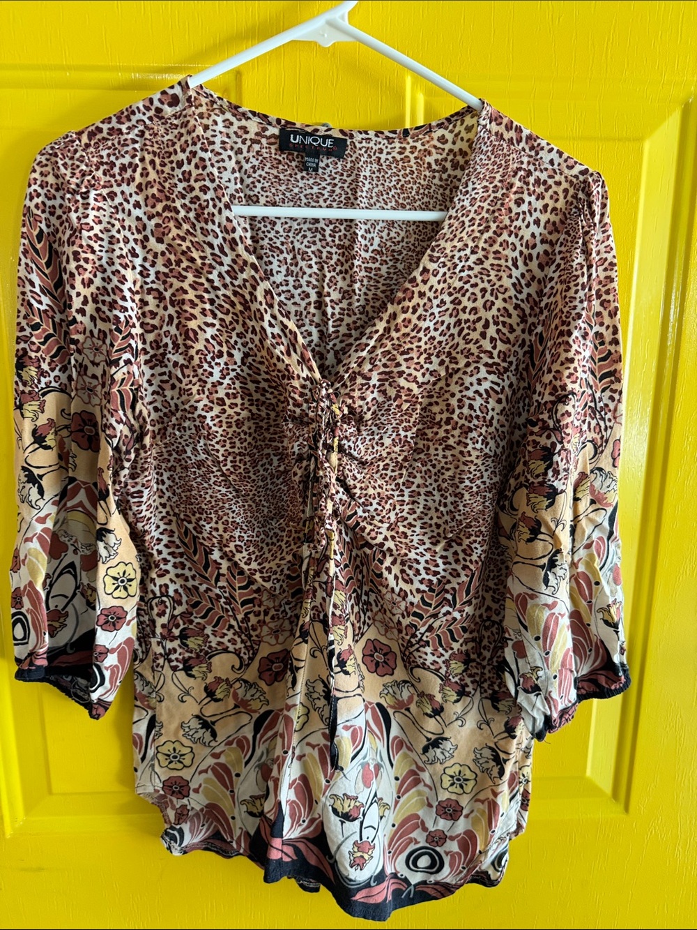 Nique Beige and Brown Animal-Print V-Neck Blouse